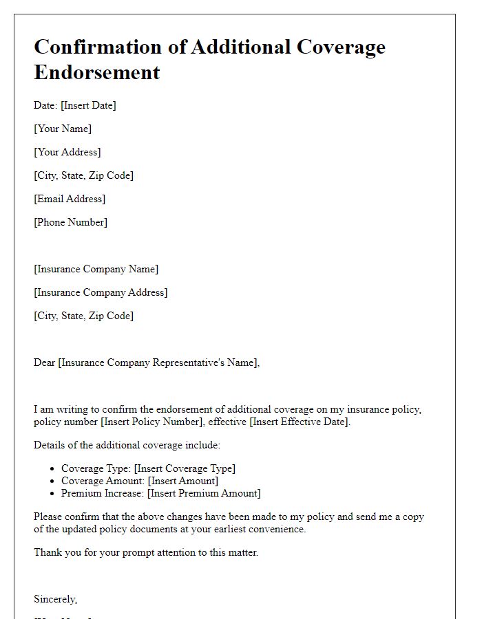 Letter template of Confirmation of Additional Coverage Endorsement