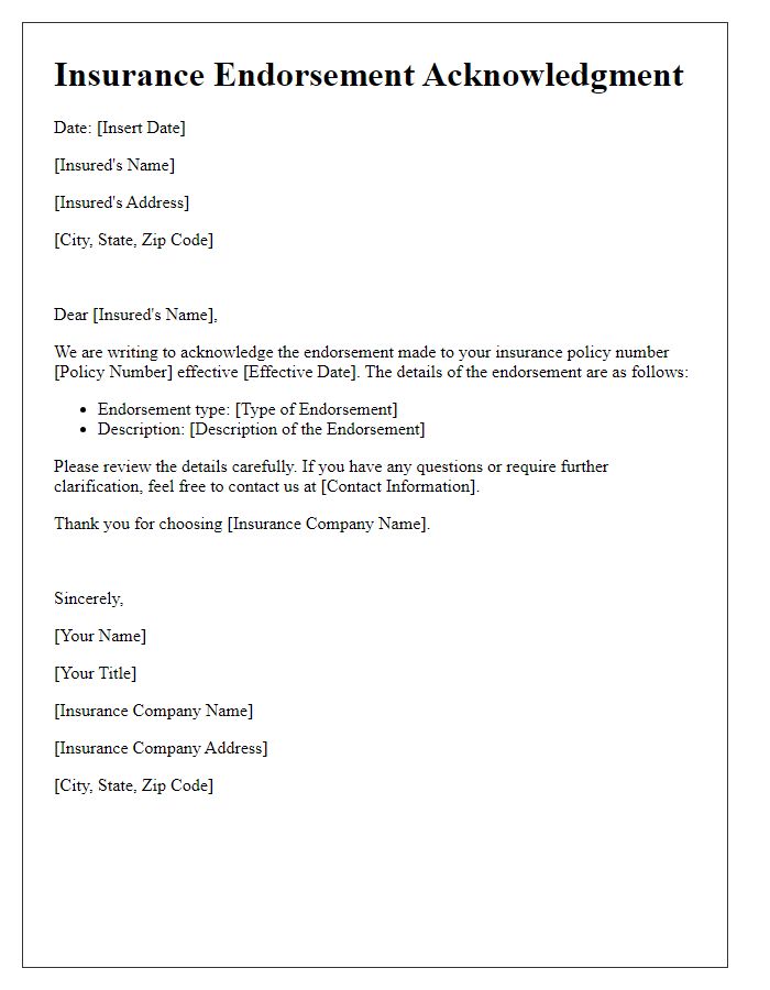 Letter template of Insurance Endorsement Acknowledgment