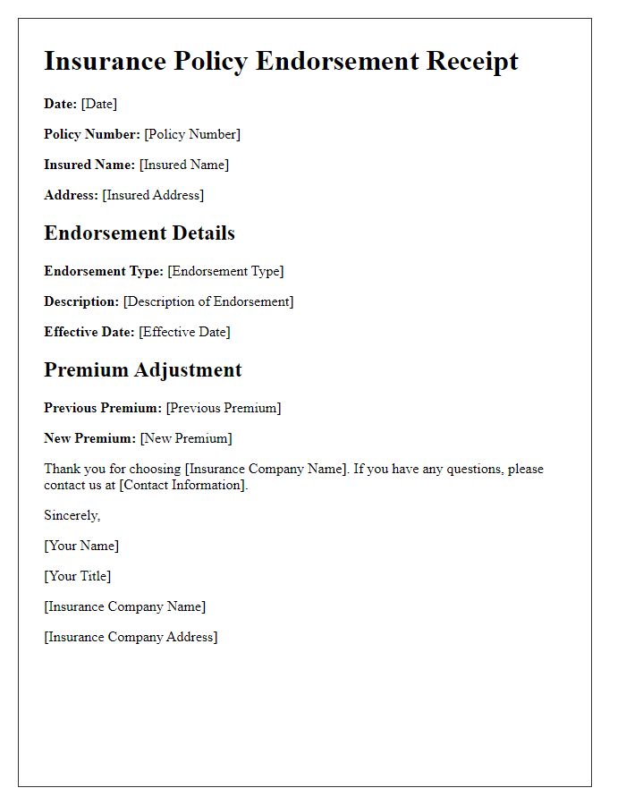 Letter template of Insurance Policy Endorsement Receipt