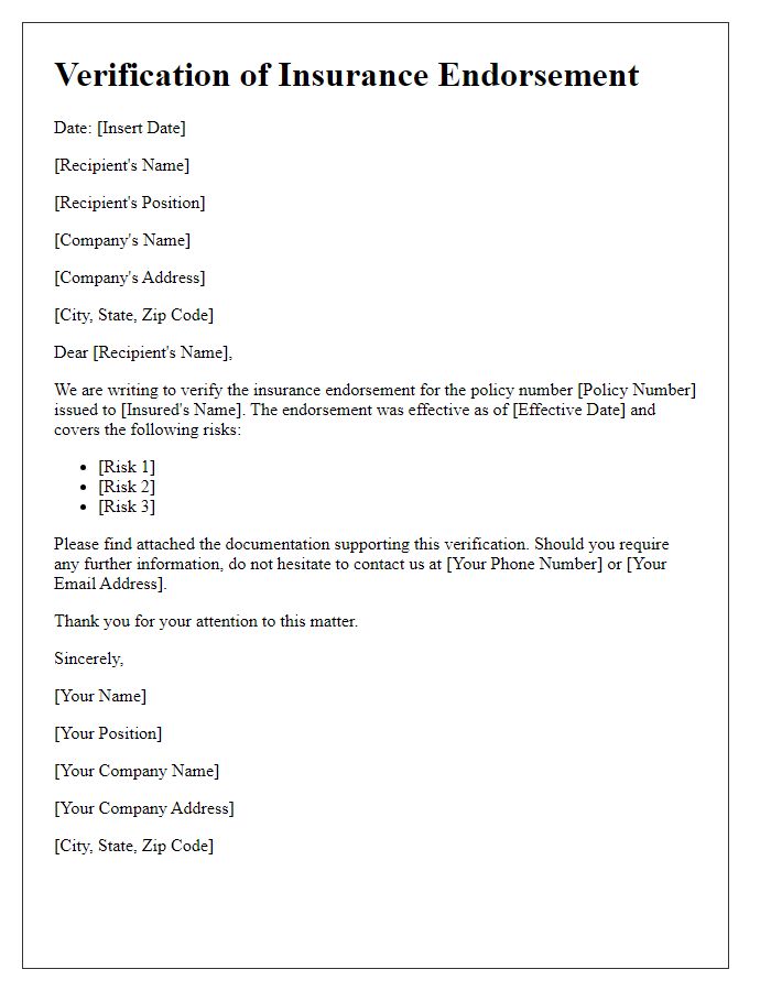 Letter template of Verification of Insurance Endorsement