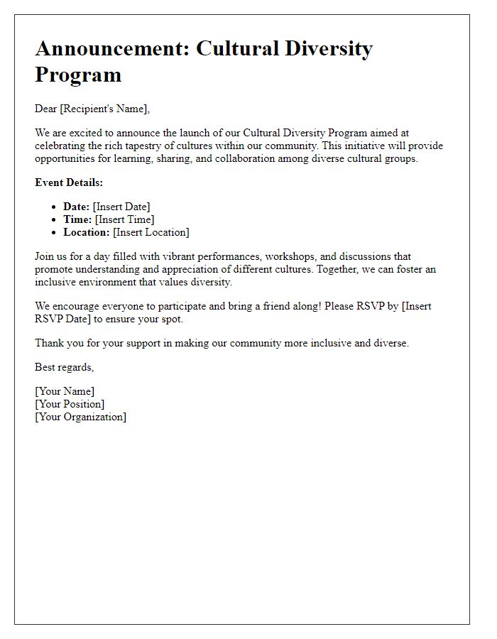 Letter template of announcement for cultural diversity program