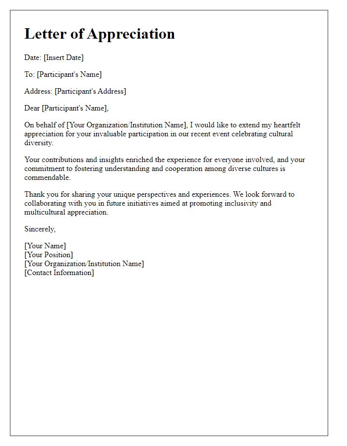 Letter template of appreciation for cultural diversity participants