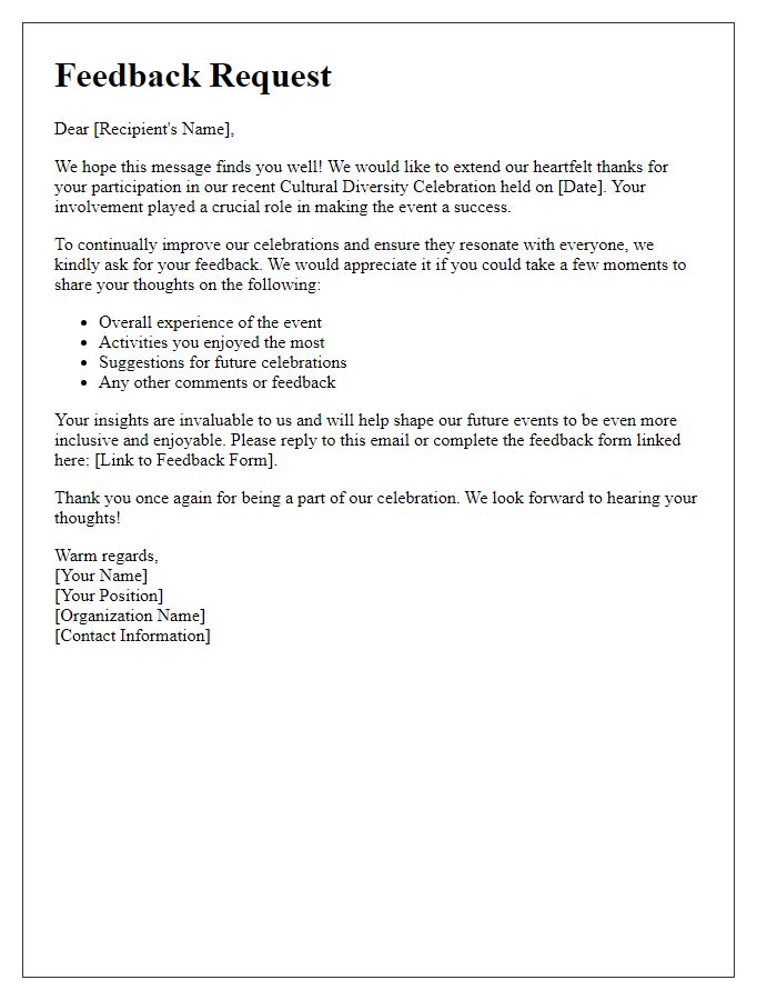 Letter template of feedback request for cultural diversity celebration