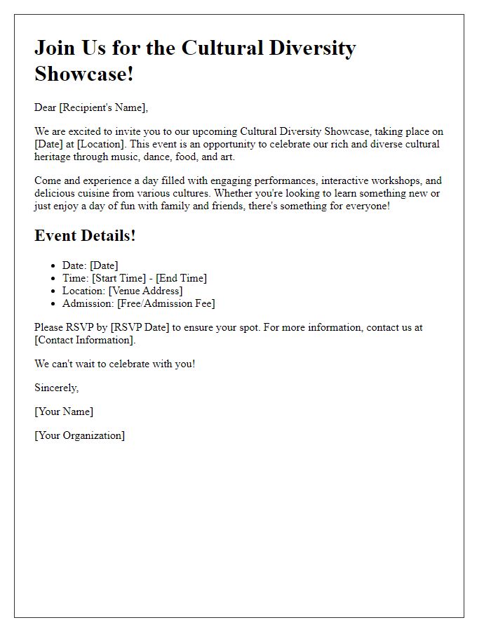 Letter template of promotional material for cultural diversity showcase