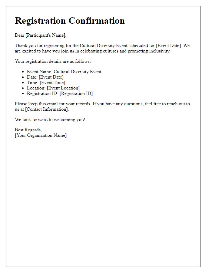 Letter template of registration confirmation for cultural diversity event