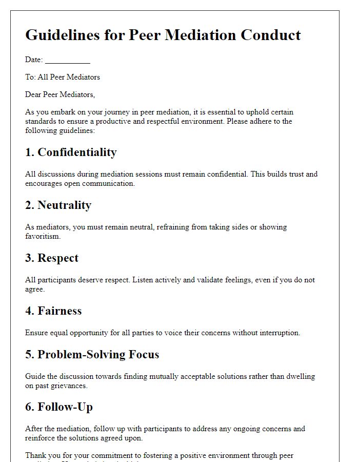 Letter template of guidelines for peer mediation conduct.