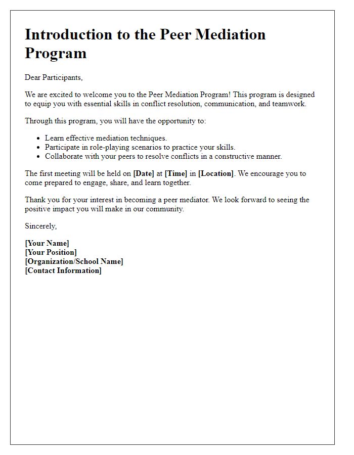 Letter template of introduction for peer mediation program participants.