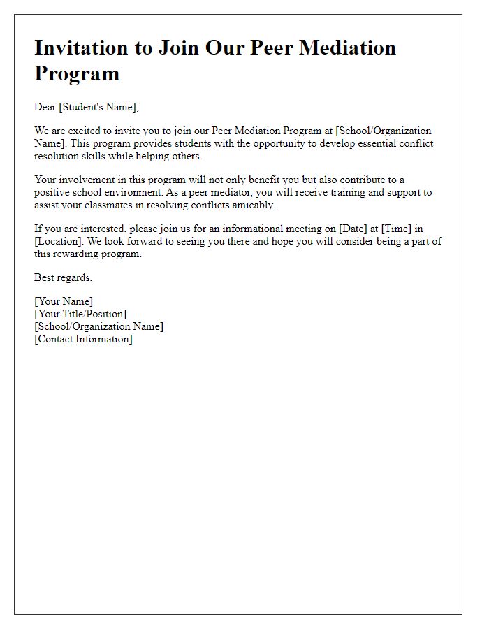 Letter template of invitation to join the peer mediation program.