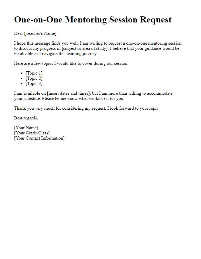 Letter template of one-on-one mentoring session with teacher