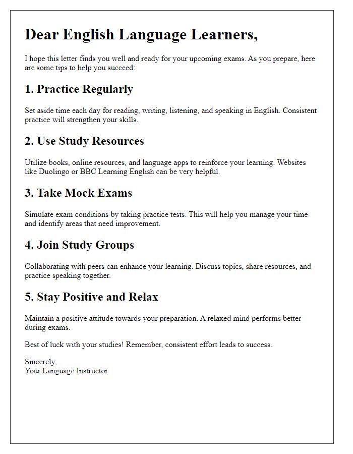 Letter template of advice for English language learners preparing for exams.