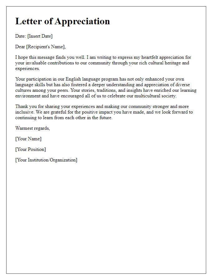 Letter template of appreciation for English language learners cultural contributions.