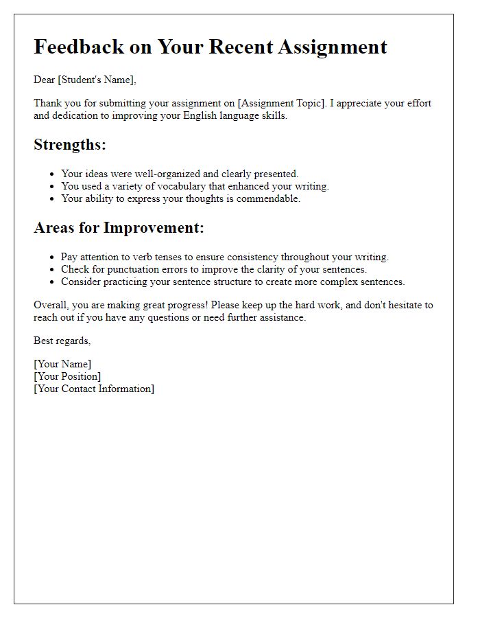 Letter template of feedback for English language learners on assignments.