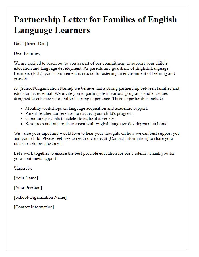 Letter template of partnership for families of English language learners.