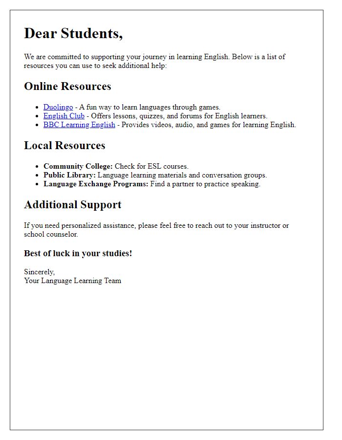 Letter template of resources for English language learners seeking additional help.