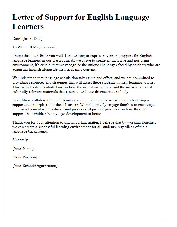 Letter template of support for English language learners in the classroom.