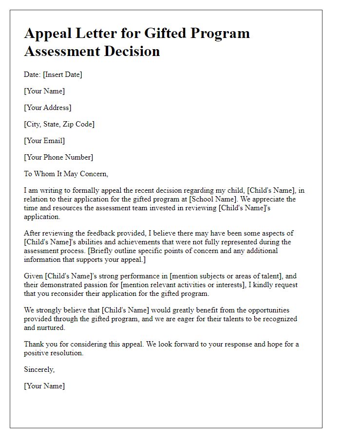 Letter template of appeal for gifted program assessment decision.