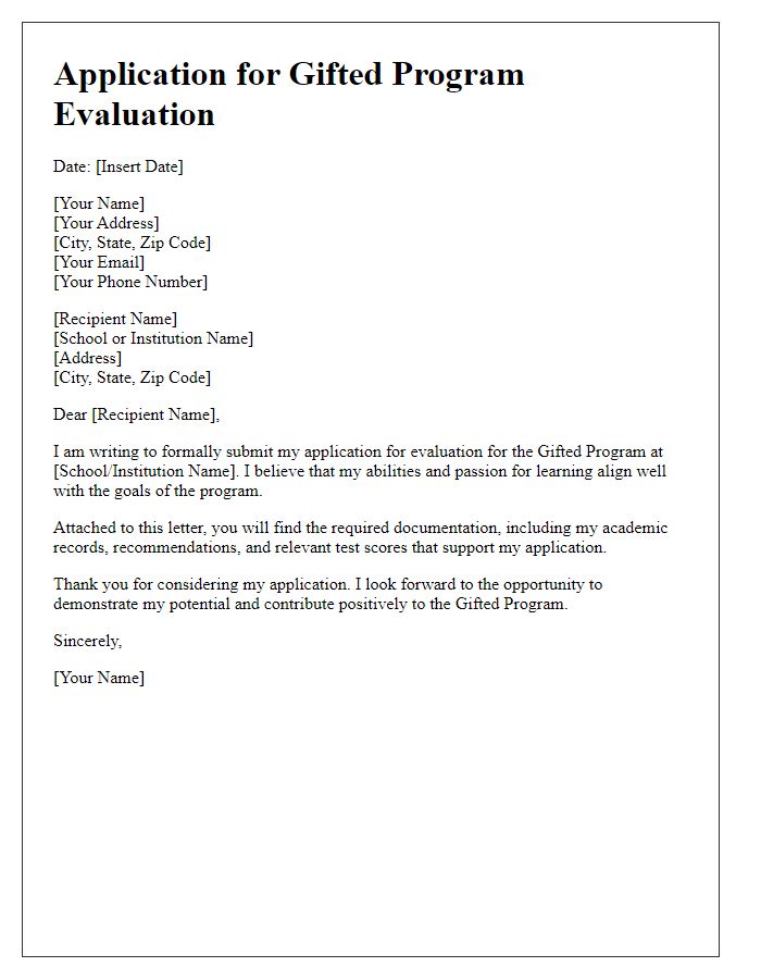 Letter template of application submission for gifted program evaluation.