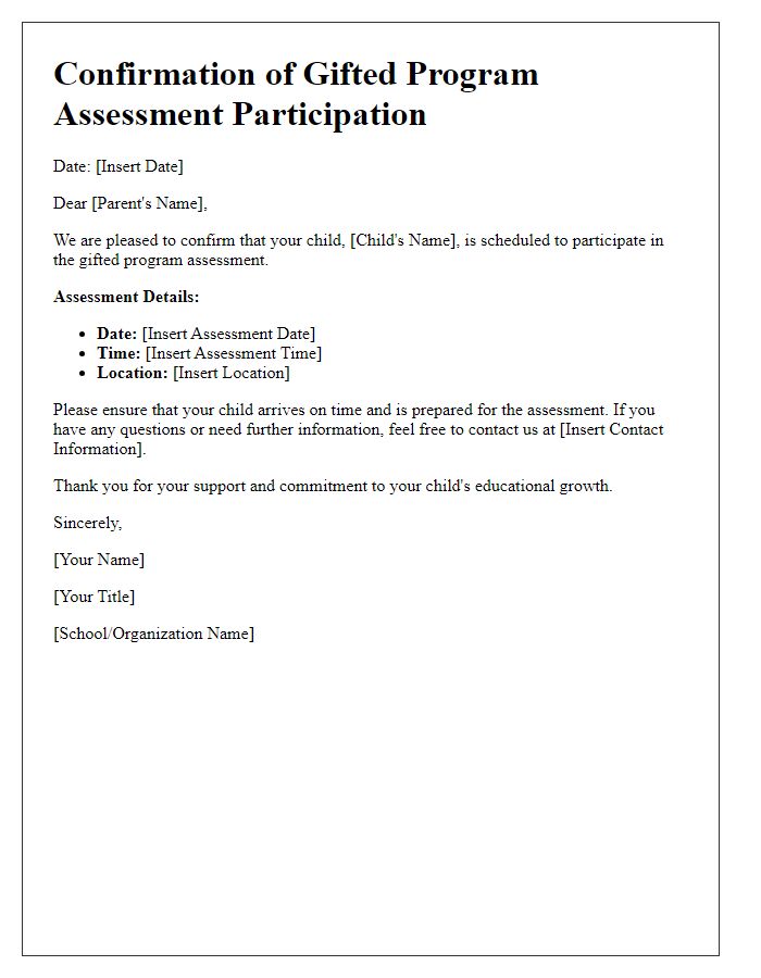 Letter template of confirmation for gifted program assessment participation.