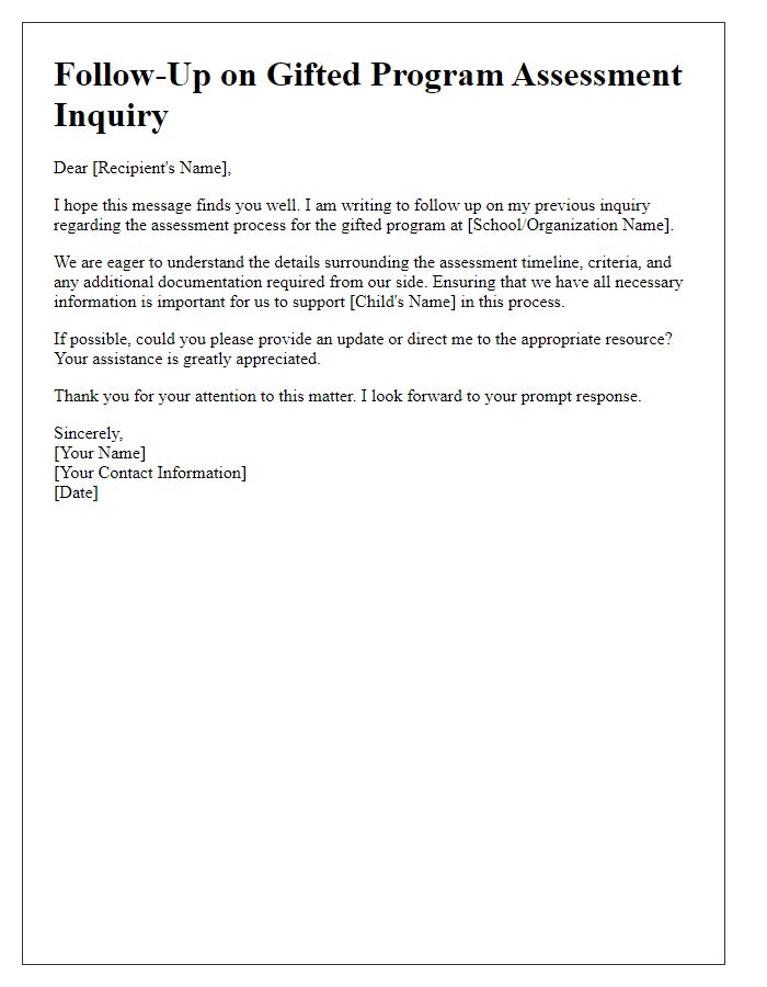 Letter template of follow-up on gifted program assessment inquiry.