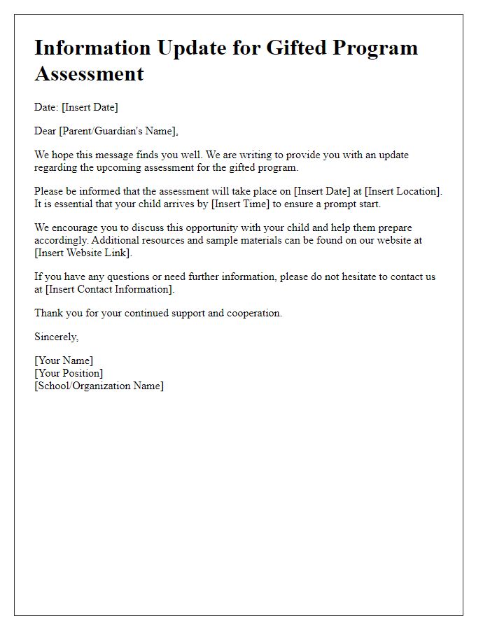 Letter template of information update for gifted program assessment.