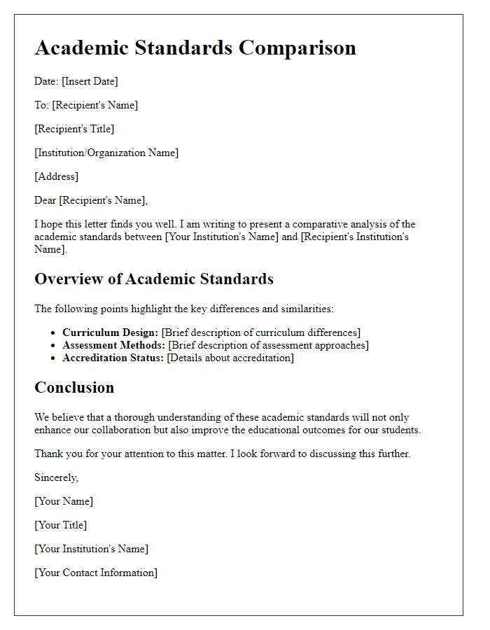 Letter template of academic standards comparison