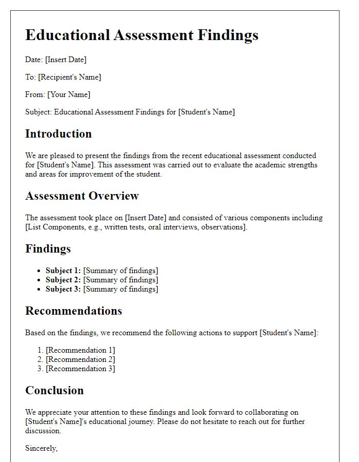 Letter template of educational assessment findings