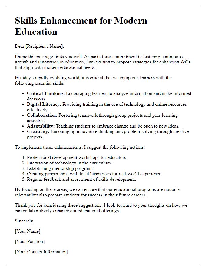 Letter template of skills enhancement for modern education