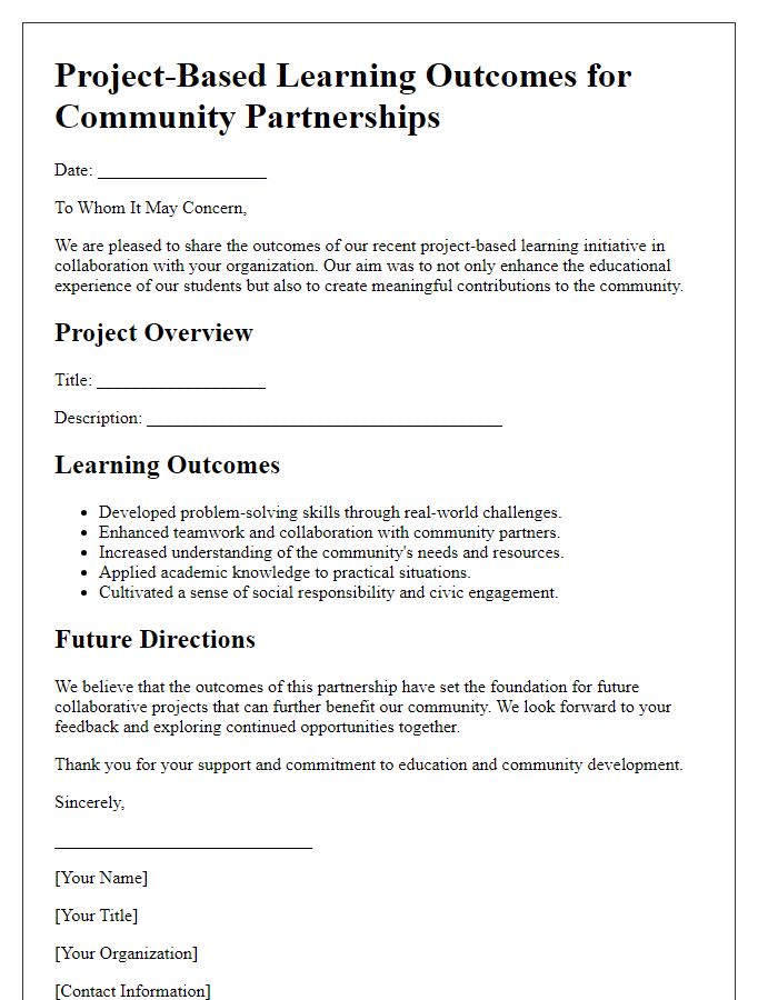 Letter template of project-based learning outcomes for community partnerships.