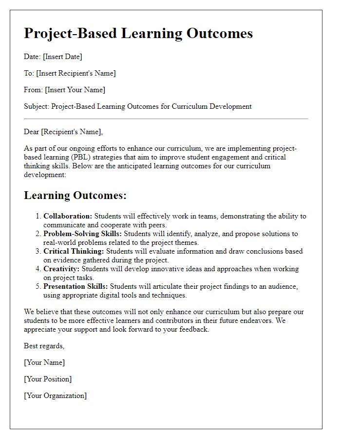 Letter template of project-based learning outcomes for curriculum development.