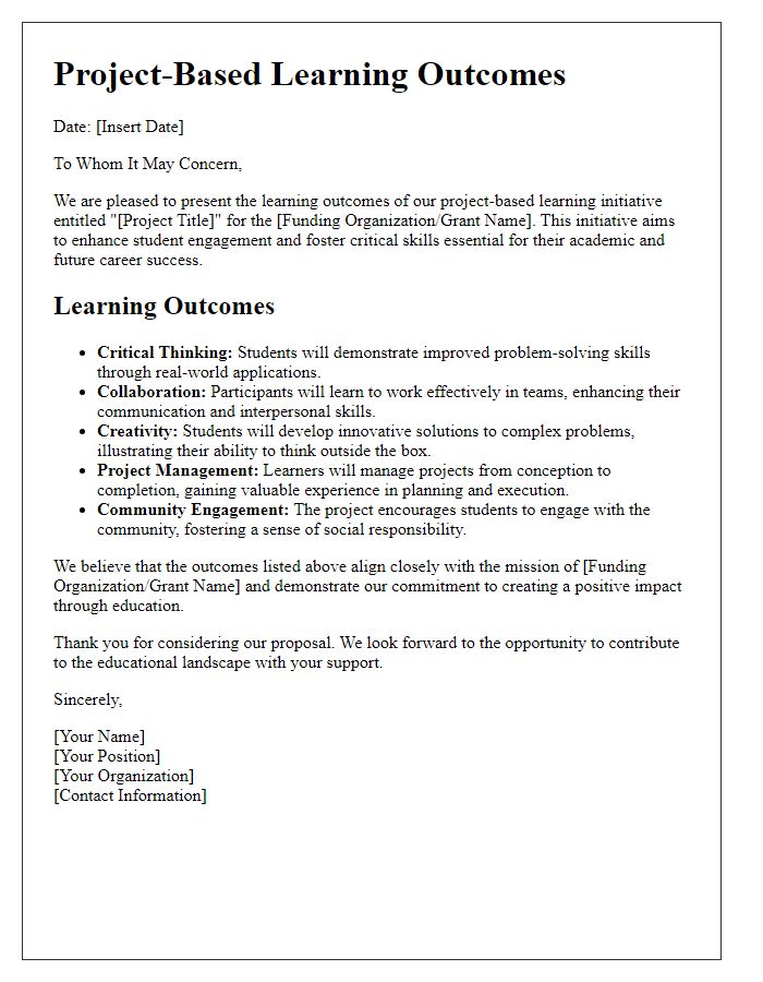 Letter template of project-based learning outcomes for grant proposals.