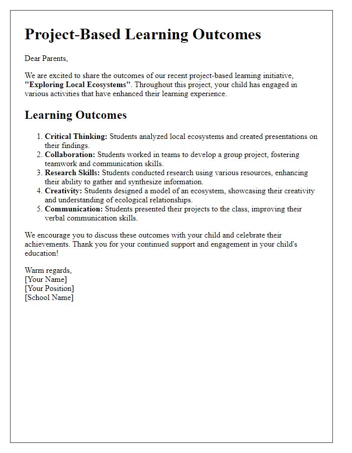 Letter template of project-based learning outcomes for parent communication.