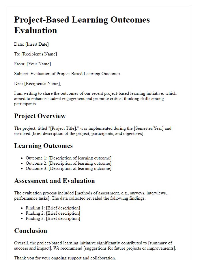 Letter template of project-based learning outcomes for program evaluation.