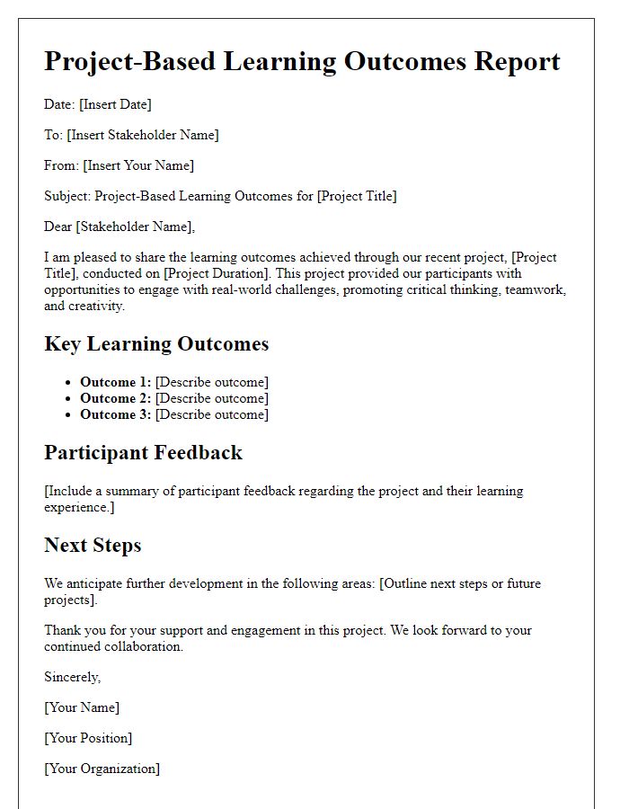 Letter template of project-based learning outcomes for stakeholder reporting.