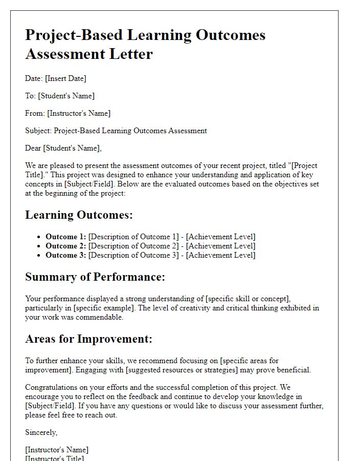 Letter template of project-based learning outcomes for student assessment.