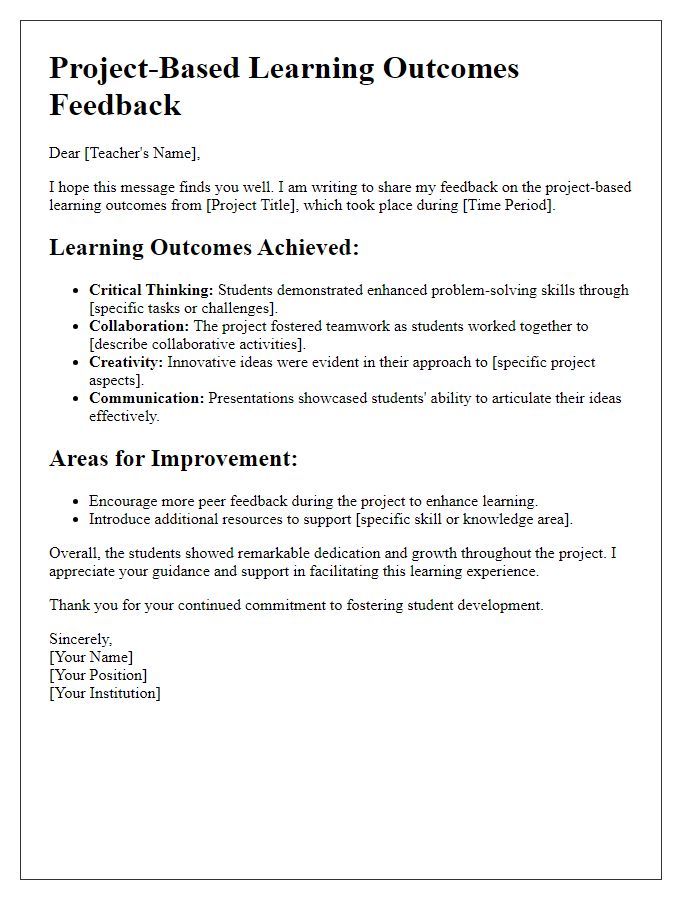 Letter template of project-based learning outcomes for teacher feedback.