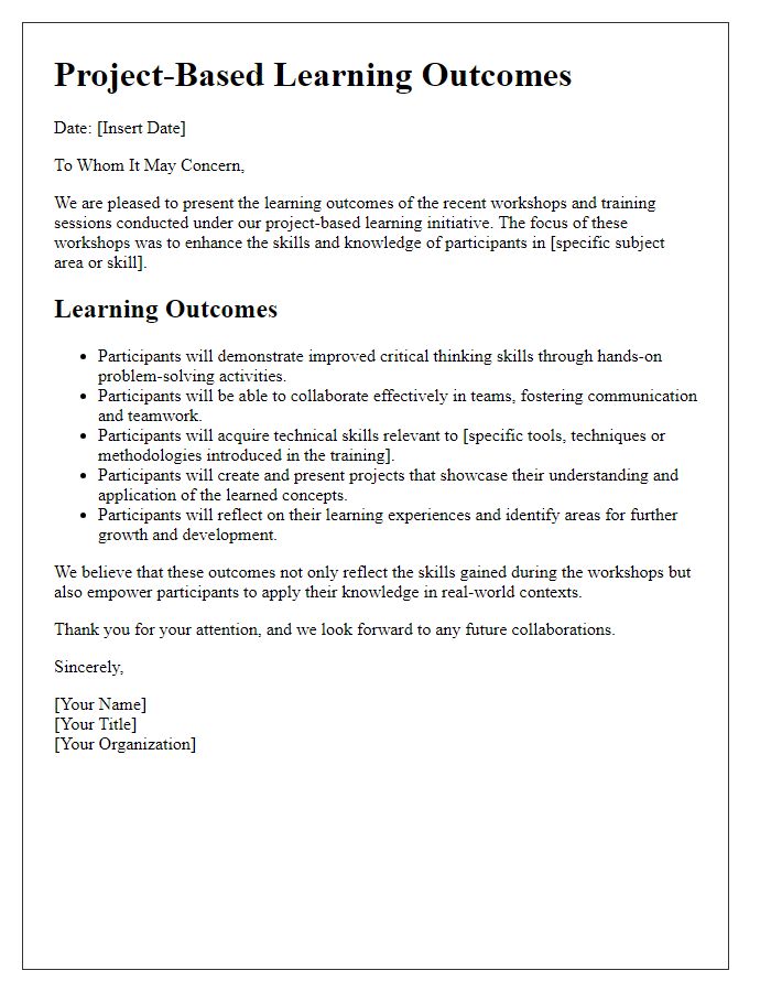 Letter template of project-based learning outcomes for workshops and training.