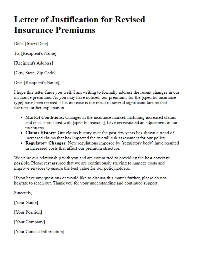 Letter template of justification for revised insurance premiums