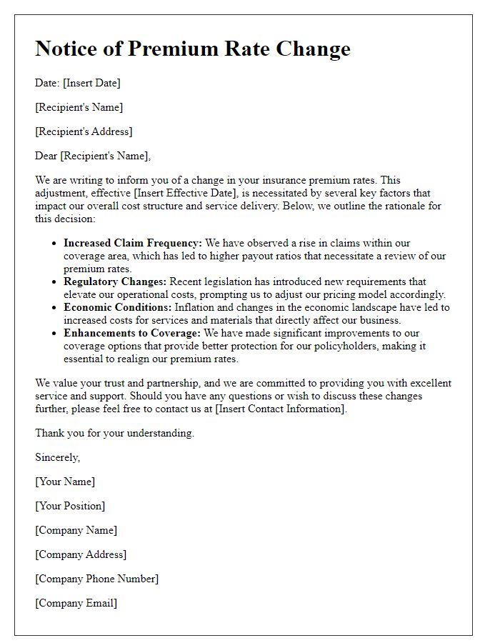 Letter template of rationale for premium rate change