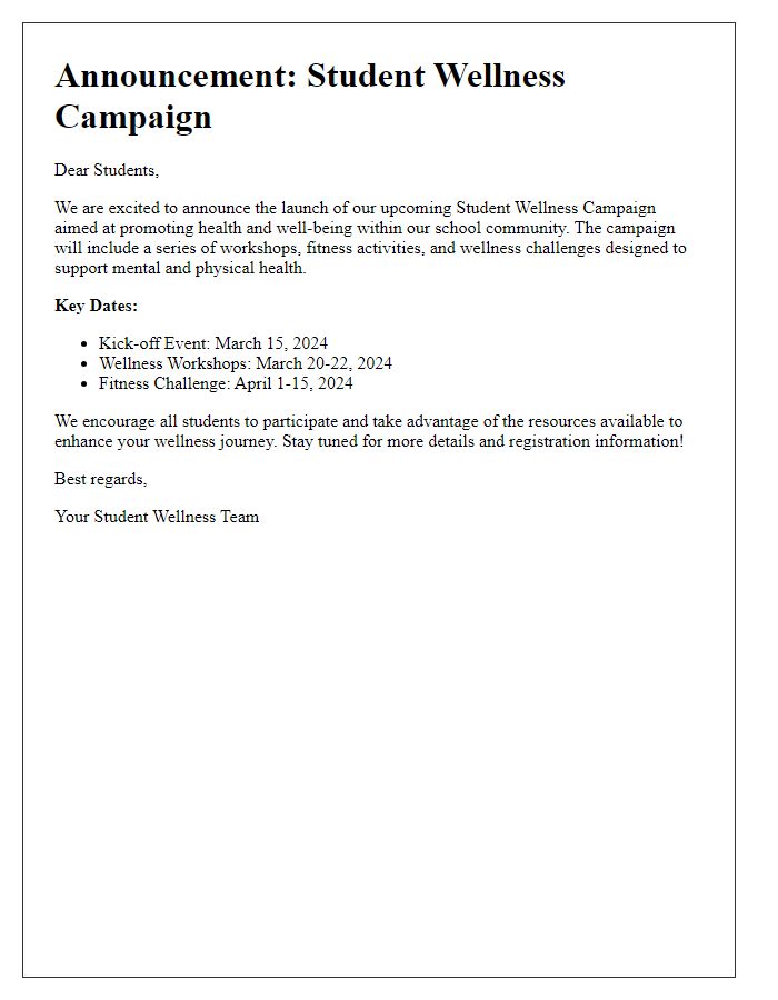 Letter template of announcement for student wellness campaigns