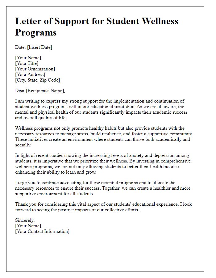 Letter template of support for student wellness programs