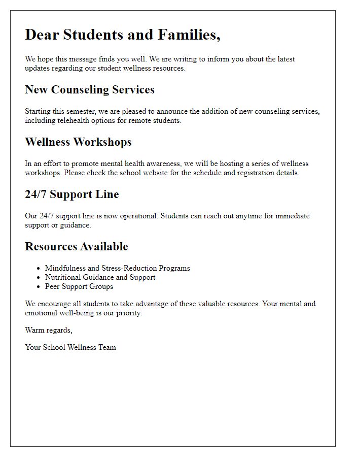 Letter template of updates on student wellness resources