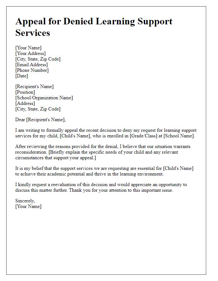 Letter template of appeal for denied learning support services.