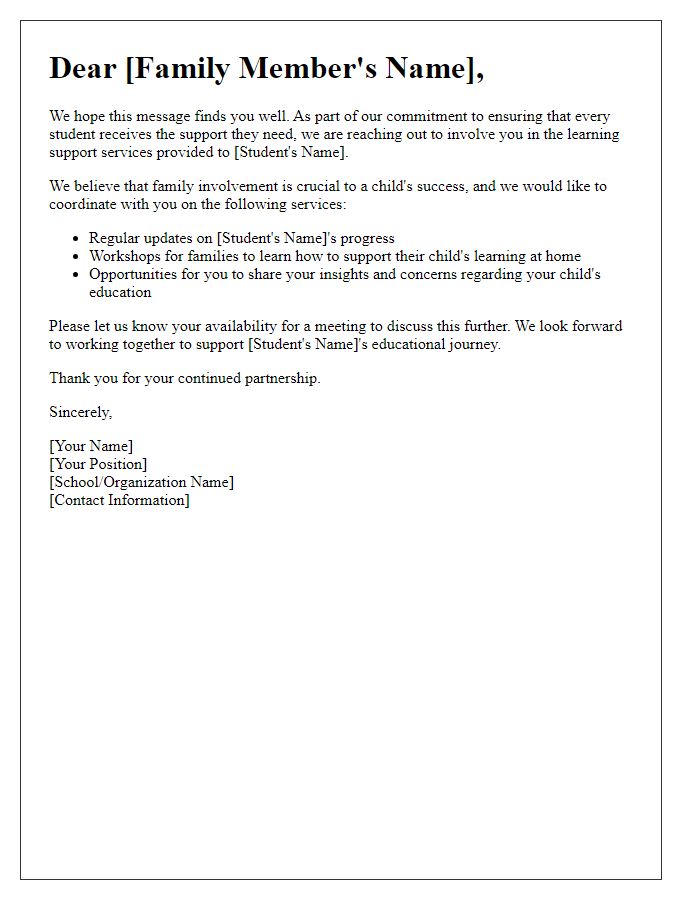 Letter template of coordination for family involvement in learning support services.