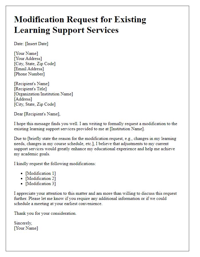 Letter template of modification request for existing learning support services.