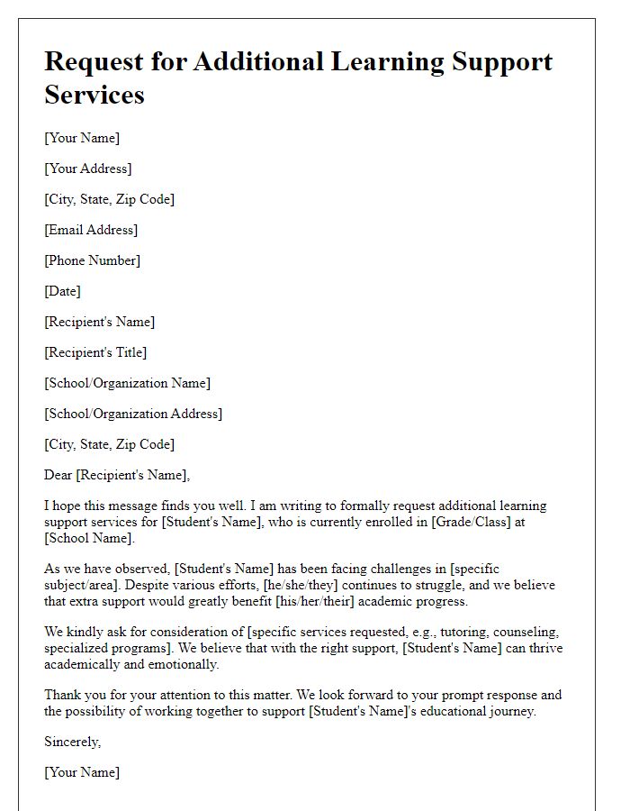 Letter template of request for additional learning support services.