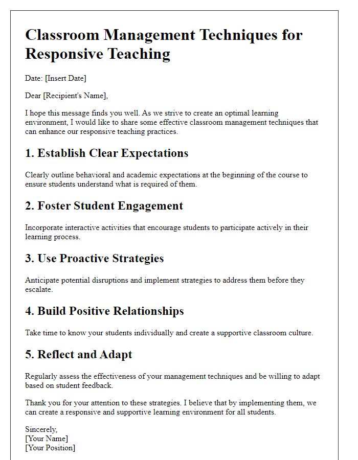 Letter template of classroom management techniques for responsive teaching.