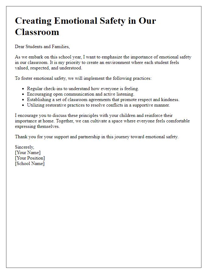 Letter template of creating emotional safety in responsive classroom settings.