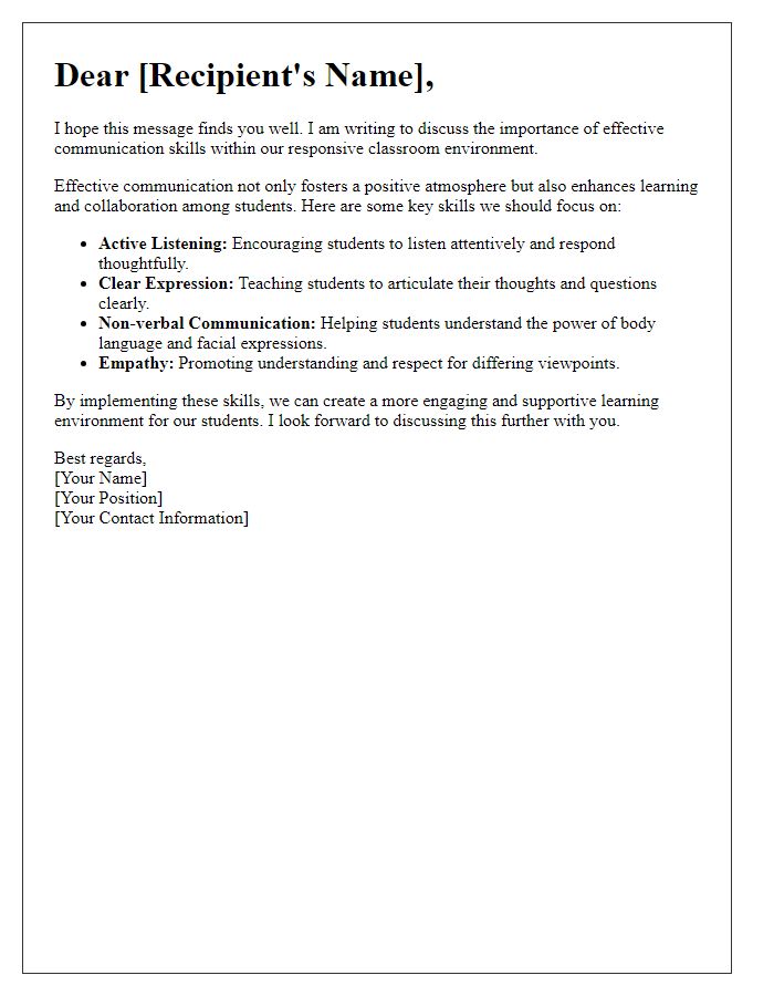 Letter template of effective communication skills for responsive classrooms.