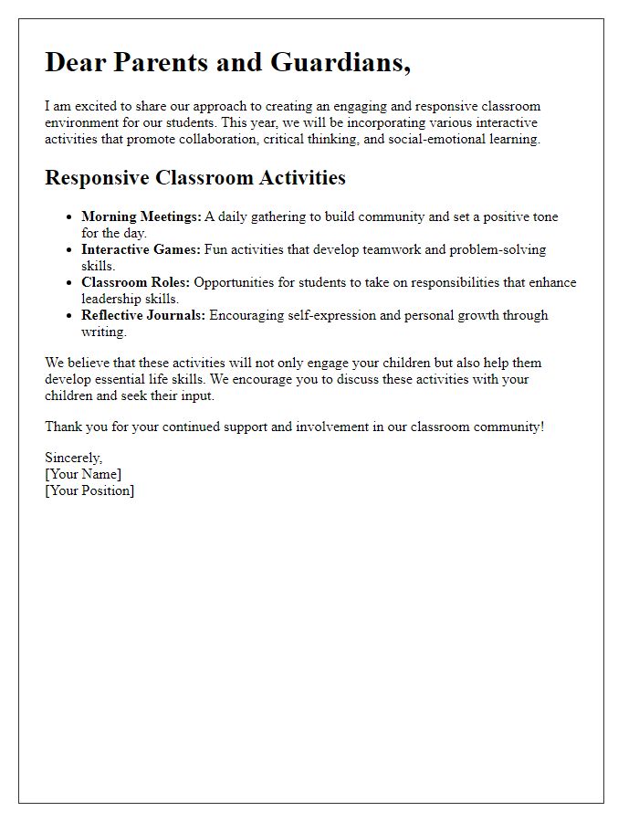 Letter template of engaging students with responsive classroom activities.