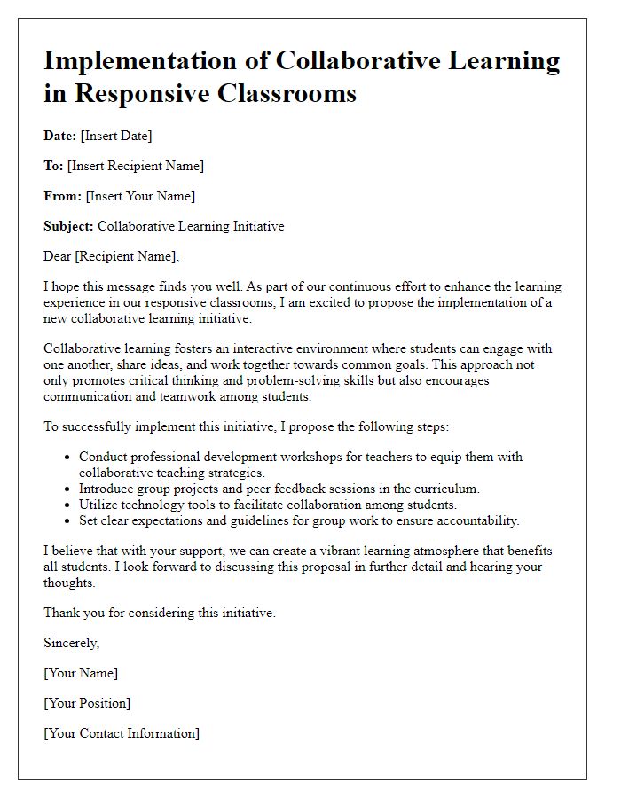 Letter template of implementing collaborative learning in responsive classrooms.